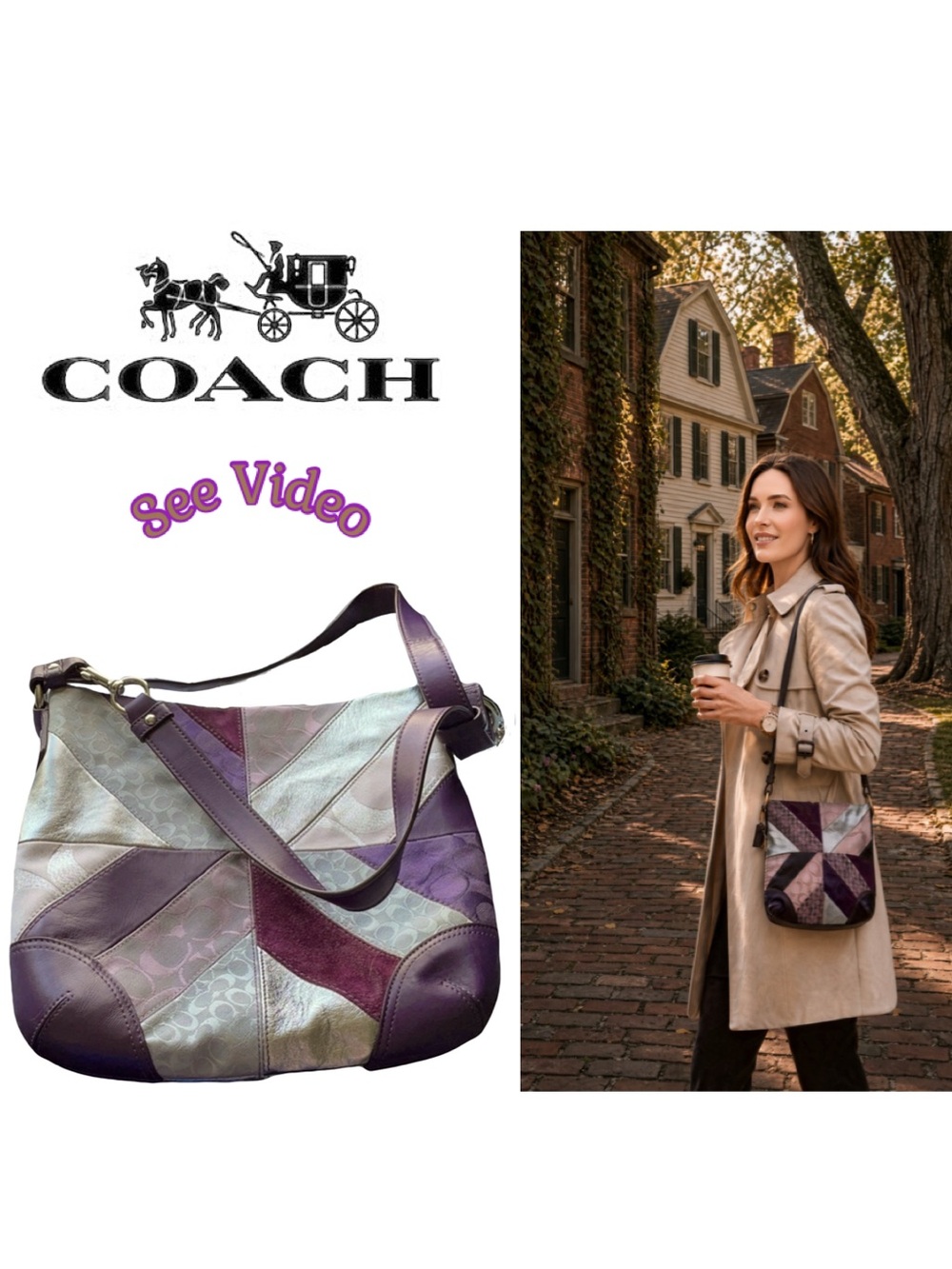 ๐ด Coach Vtg F17706 Gallery Signature Patchwork Purple Leather Suede Shoulder Bag - Picture 17 of 17